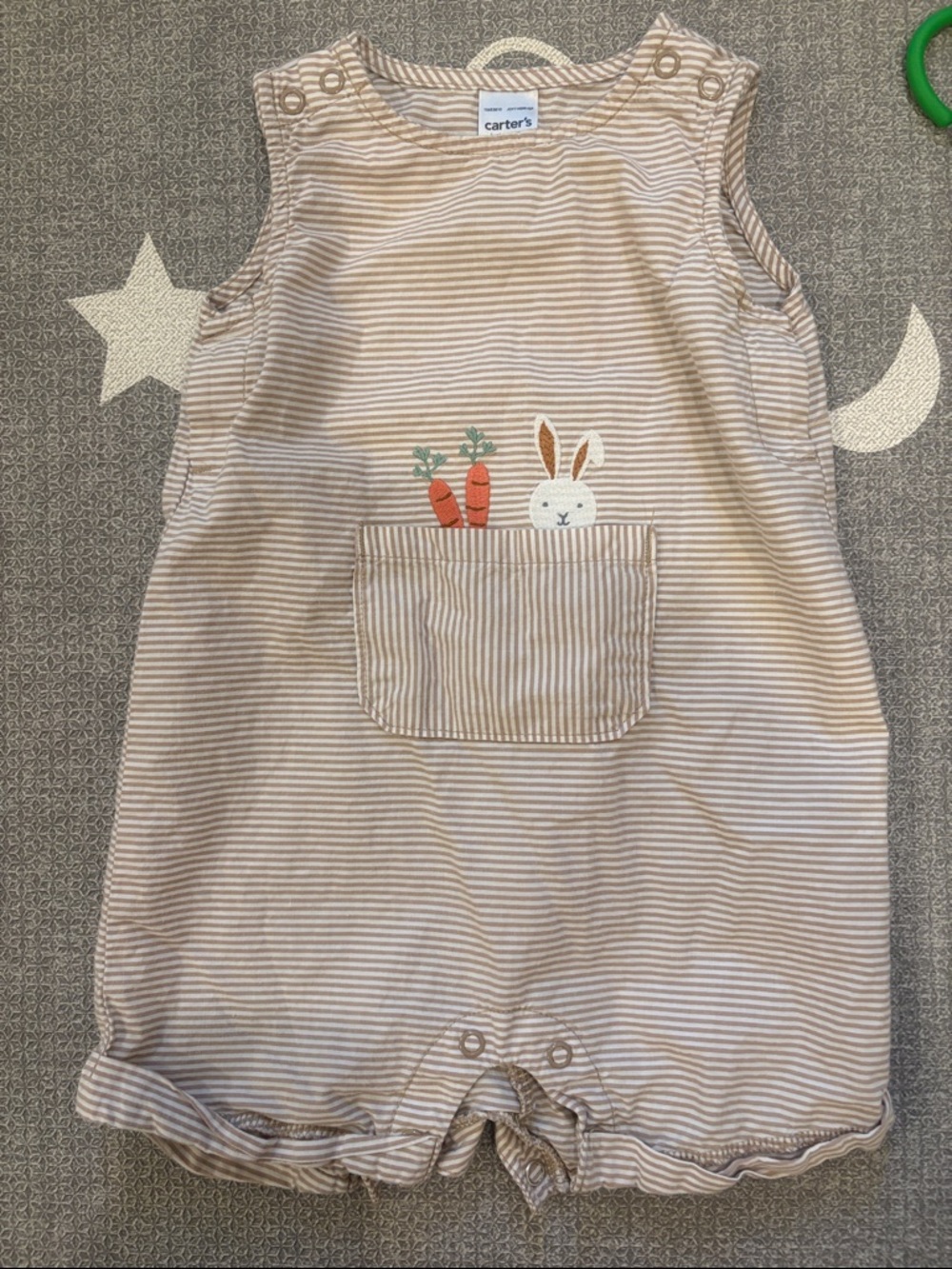 Carter's Easter Spring Tan & White Striped Bunny Pocket Romper